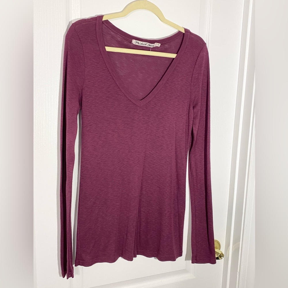 NEW Y2K Michael Stars Fitted Long Sleeve V-neck Tee Burgundy One Size
